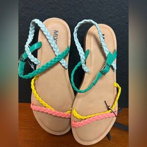 NWT Mixit sandals in coral, yellow, and pink strappy braided rainbow Toms Kira